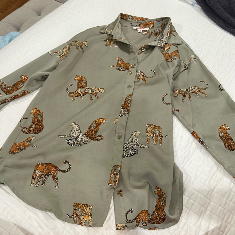 Green Mazik silky button down with tigers, cats, cheetahs